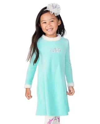 Girls Embroidered Crown Velour Dress - Unicorn Princess