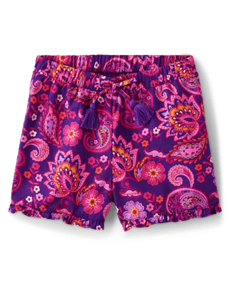 Girls Paisley Paperbag Waist Shorts - Island Spice