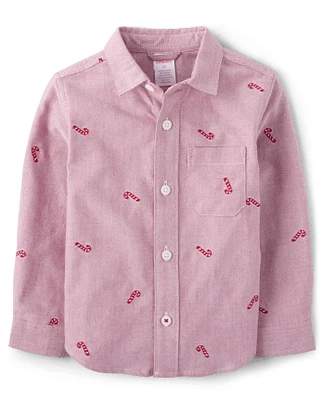 Chemise Oxford boutonnée A motif canne sucre brodée pour garçon - Royal de Noël
