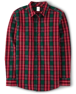 Mens Matching Family Plaid Poplin Button Up Shirt - A Royal Christmas