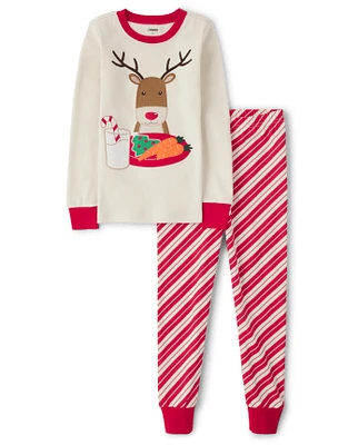 Kids Embroidered Reindeer Snug Fit Cotton Pajamas - Gymmies