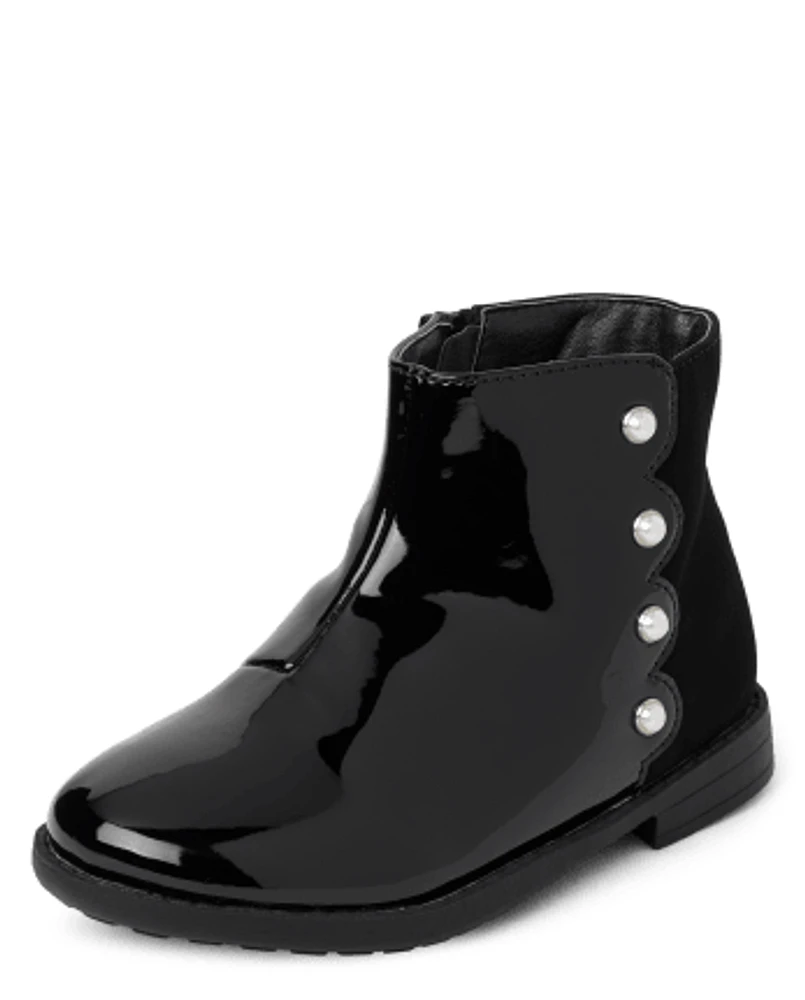 Girls Faux Patent Leather Pearl Boots - Ladies And Gentlemen