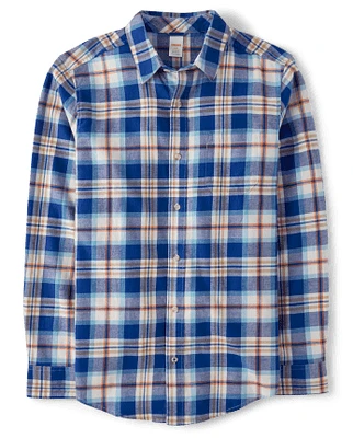 Mens Matching Family Plaid Twill Button Up Shirt