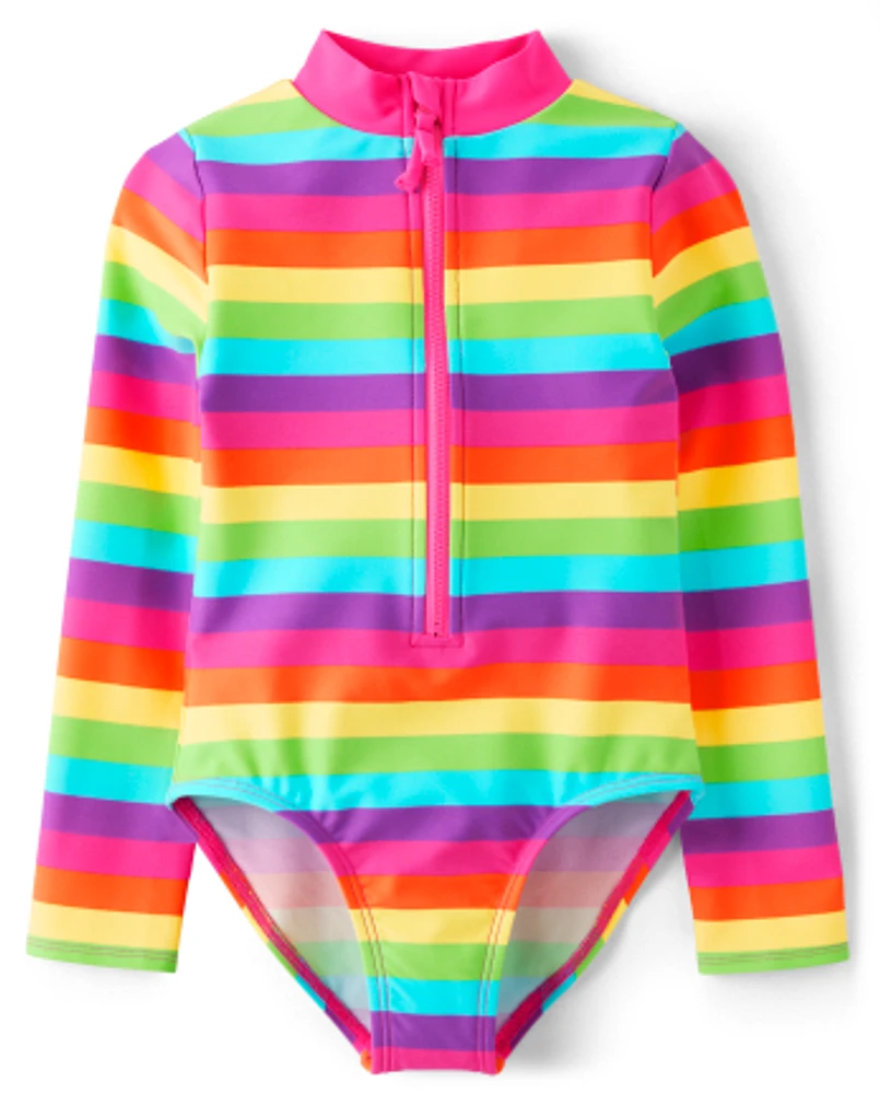 Girls Rainbow Rashguard One Piece Swimsuit - Splish-Splash