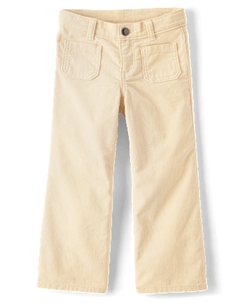 Girls Patch Pocket Stretch Corduroy Wide Leg Pants - Little Essentials