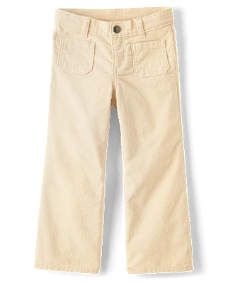 Girls Patch Pocket Stretch Corduroy Wide Leg Pants - Little Essentials