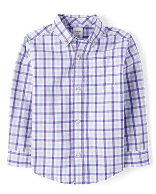 Boys Dad And Me Plaid Poplin Button Up Shirt - Lavender Fields