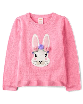 Girls Embroidered Floral Bunny Sweater - Garden Party