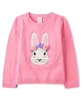 Girls Embroidered Floral Bunny Sweater - Garden Party