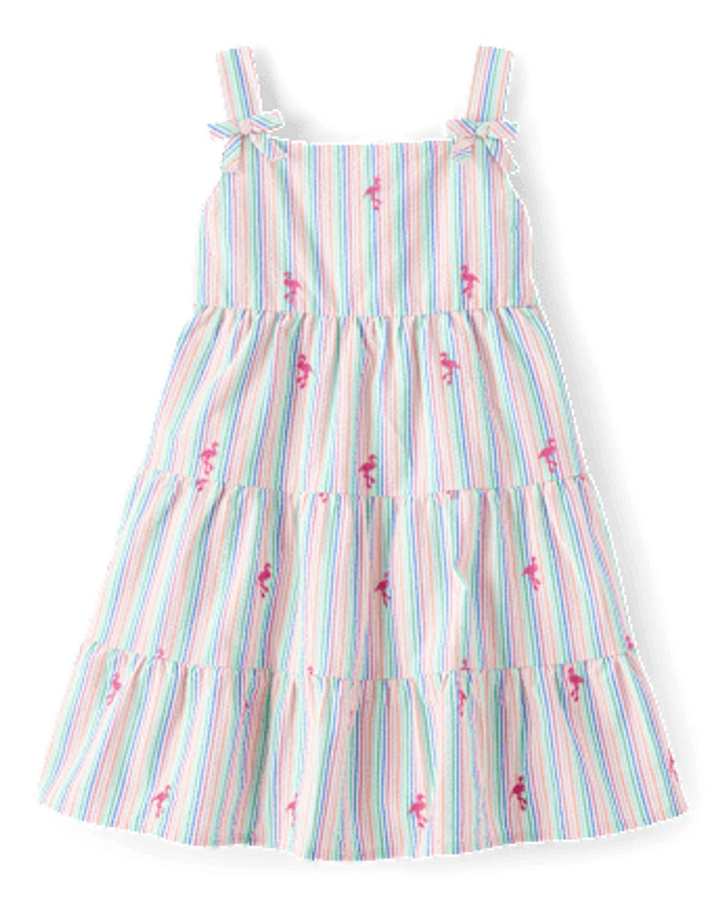 Girls Embroidered Flamingo Seersucker Tiered Dress - Seaside Palms