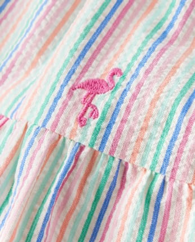 Girls Embroidered Flamingo Seersucker Tiered Dress - Seaside Palms