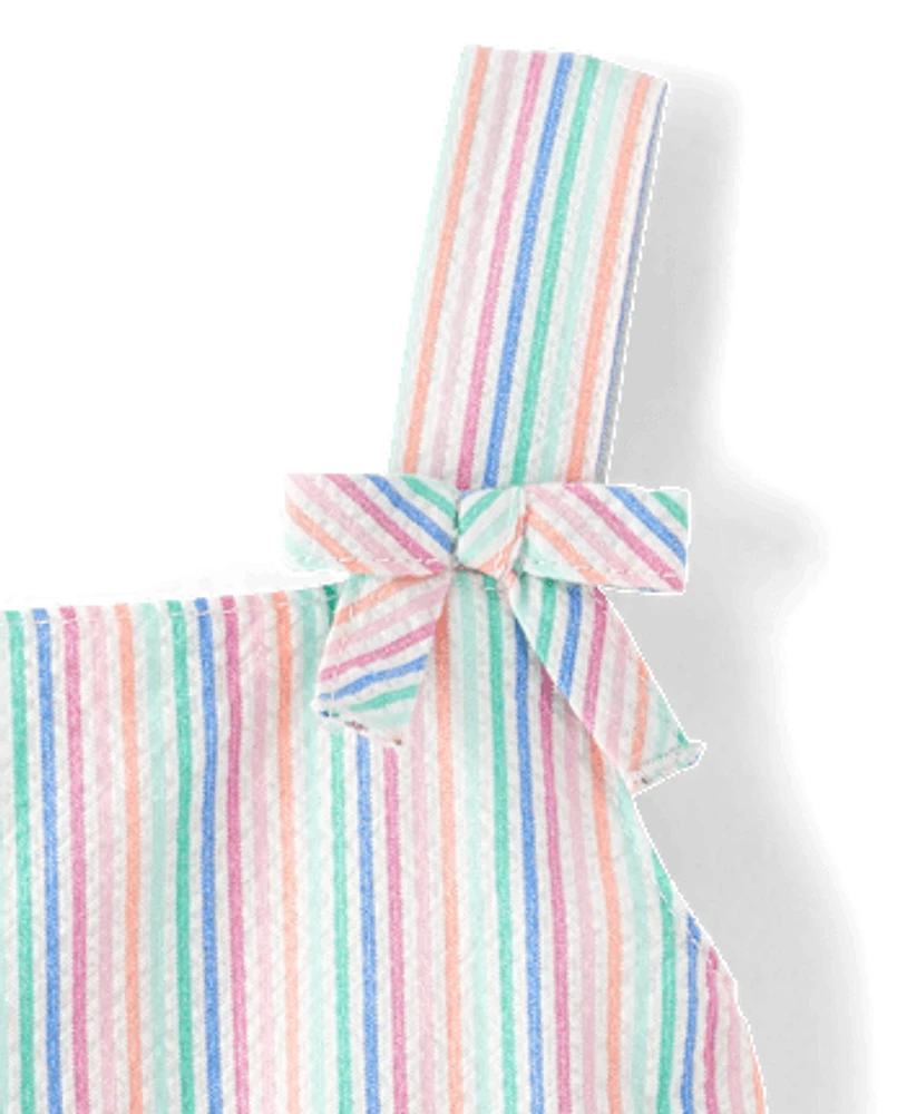 Girls Embroidered Flamingo Seersucker Tiered Dress - Seaside Palms