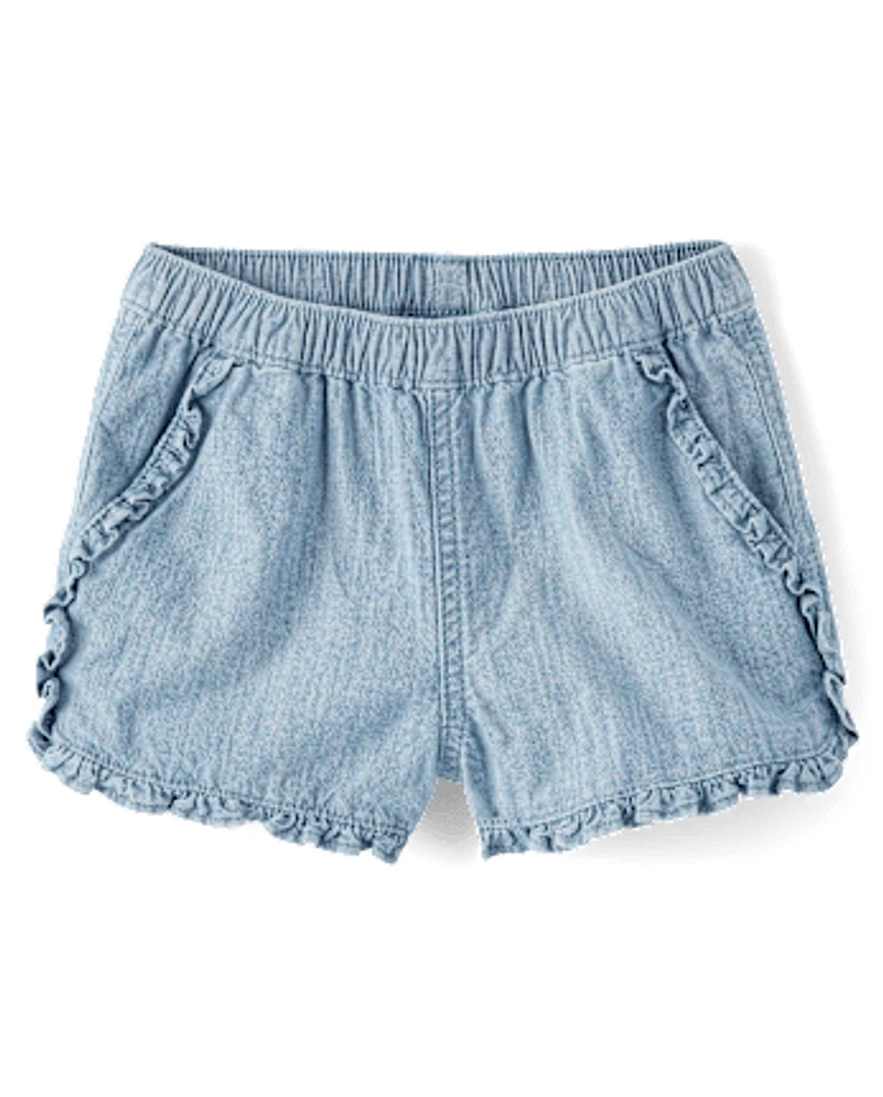 Girls Chambray Ruffle Pull On Shorts - Little Essentials