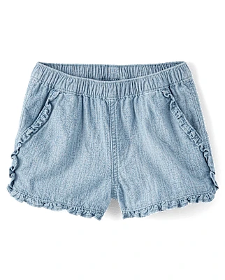 Girls Chambray Ruffle Pull On Shorts - Little Essentials