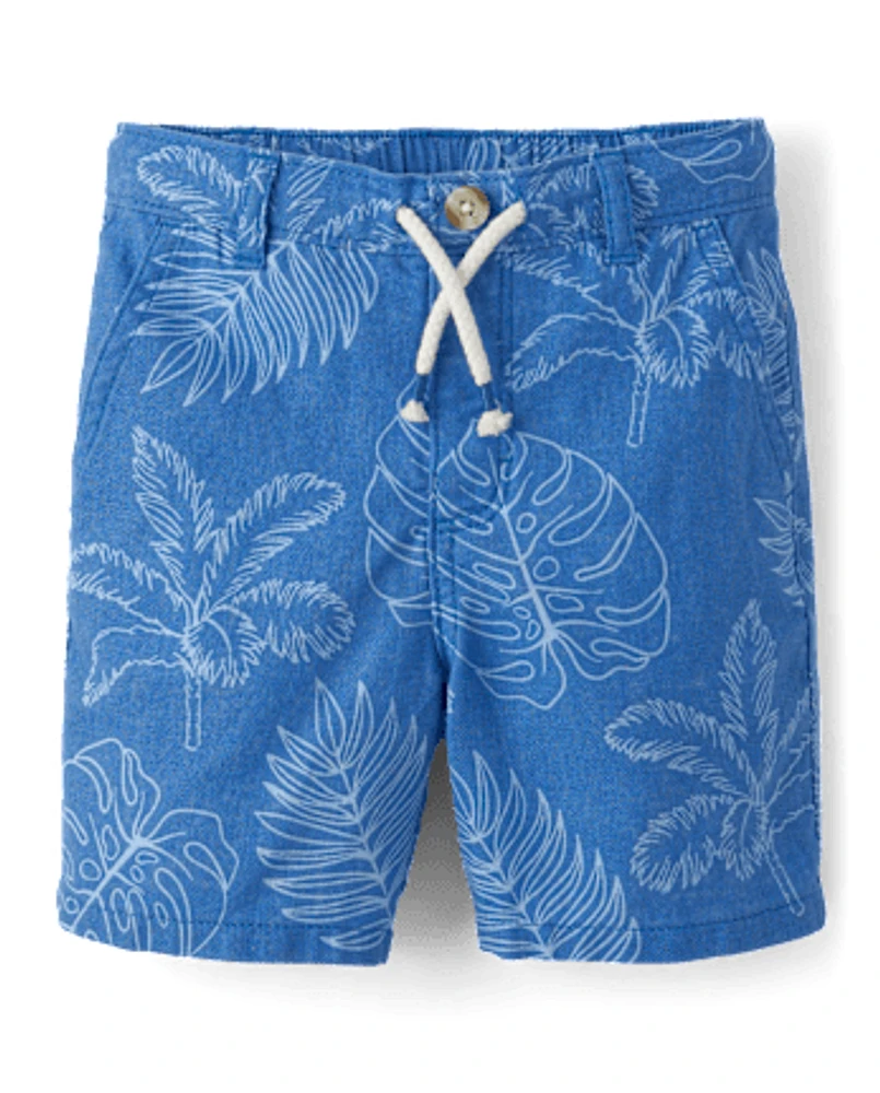 Kids Tropical Leaf Linen-Blend Pull-On Shorts
