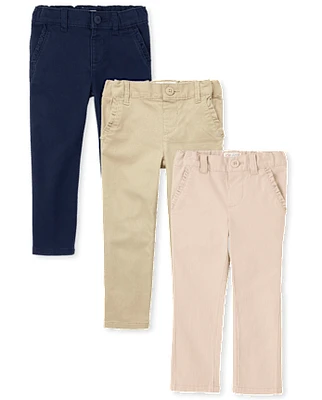 Toddler Girls Uniform Ruffle Stretch Skinny Chino Pants 3-Pack