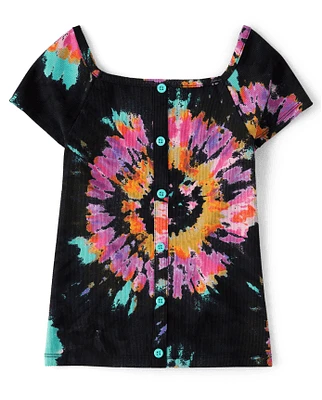 Girls Print Ribbed Button Top