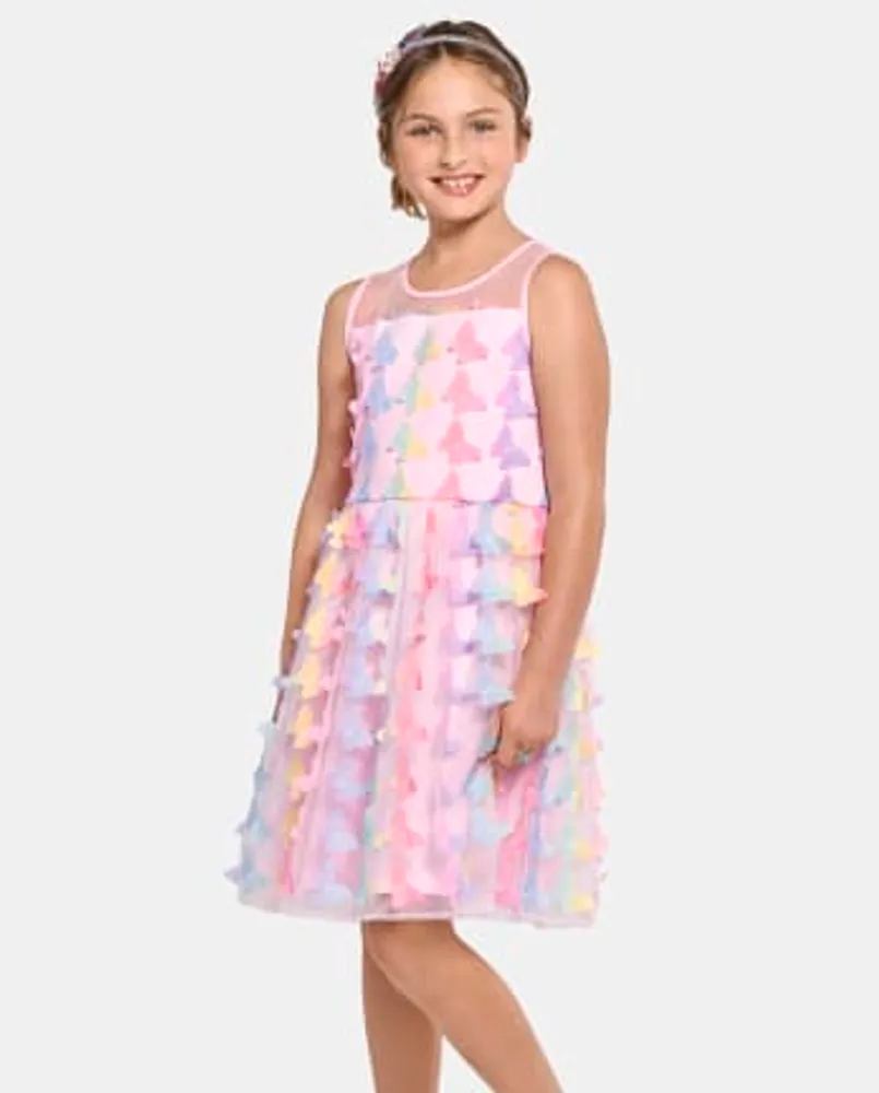 Robe ajustée et évasée en maille papillon 3D arc-en-ciel pour fille