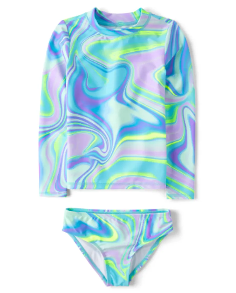 Girls Marble Rashguard Swimsuit