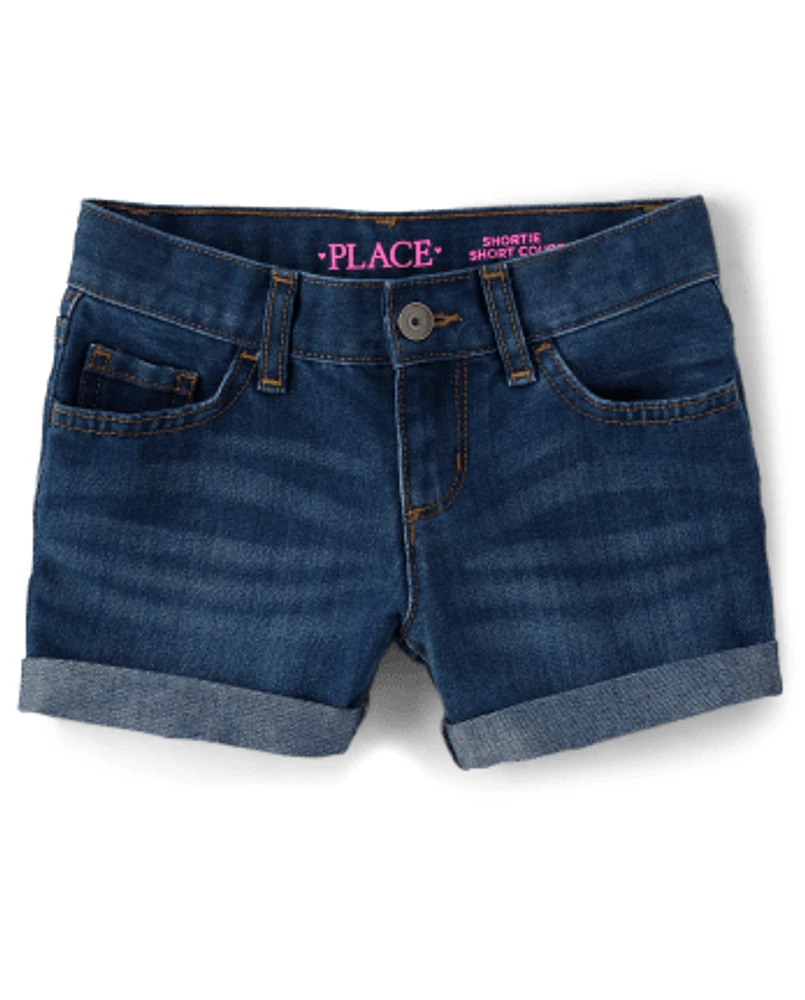 Girls Roll Cuff Denim Shortie Shorts