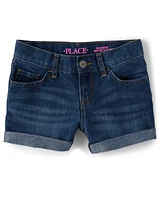 Girls Roll Cuff Denim Shortie Shorts