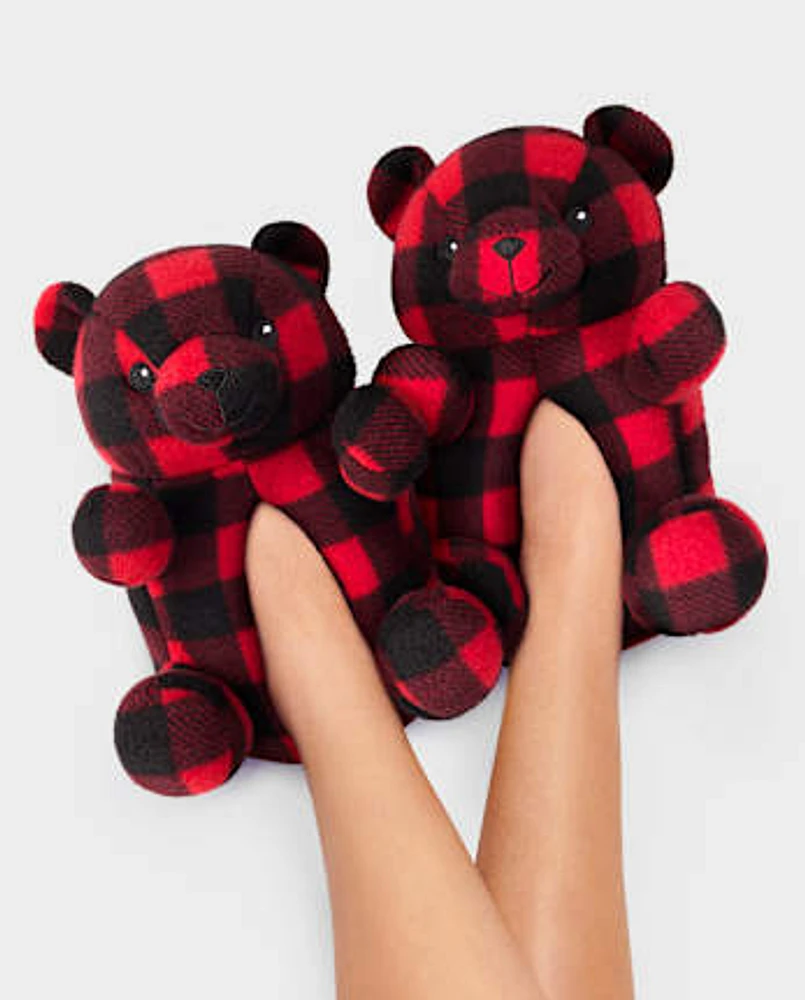 Chaussons assortis pour enfants à motif d'ours carreaux de buffle