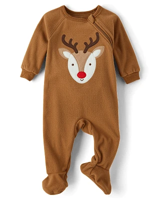 Pyjama une pièce en micropolaire à pieds pour bébé et tout-petit, motif renne, assorti