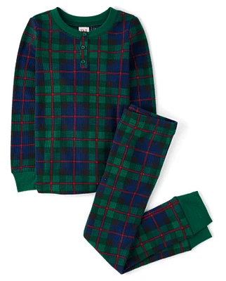 Kids Matching Family Tartan Plaid Thermal Henley Pajamas