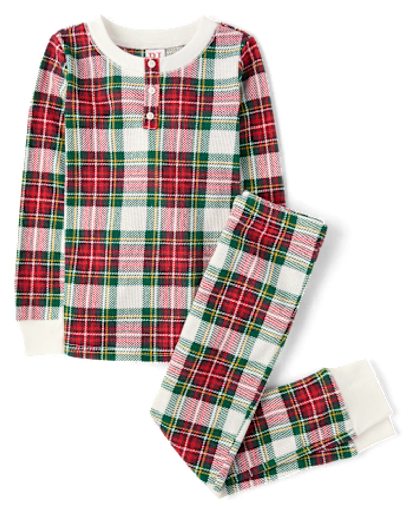 Kids Matching Family Plaid Thermal Henley Pajamas