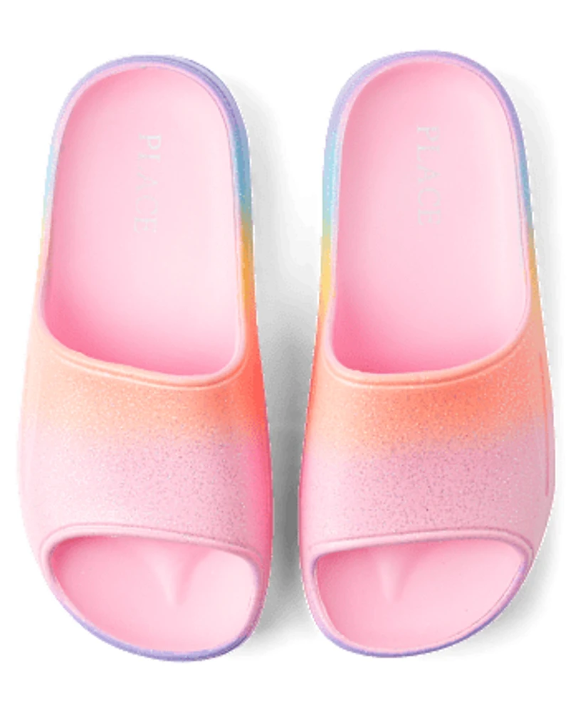 Girls Glitter Rainbow Ombre Slides