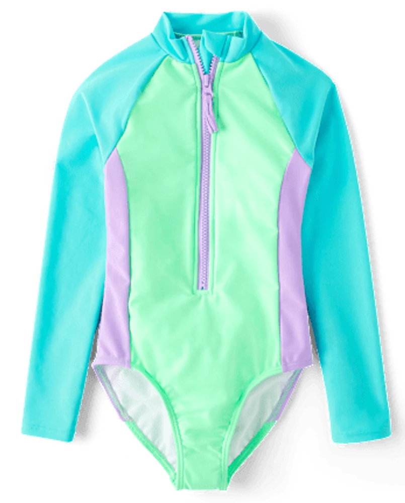 Girls Colorblock Rashguard One Piece Swimsuit
