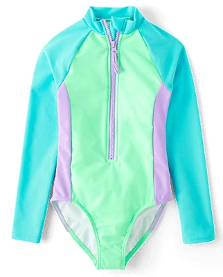 Girls Colorblock Rashguard One Piece Swimsuit