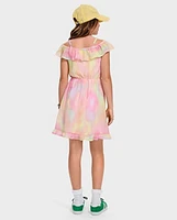 Girls Rainbow Tie Dye Off Shoulder Dress
