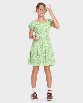 Girls Floral Smocked Ruffle Dress