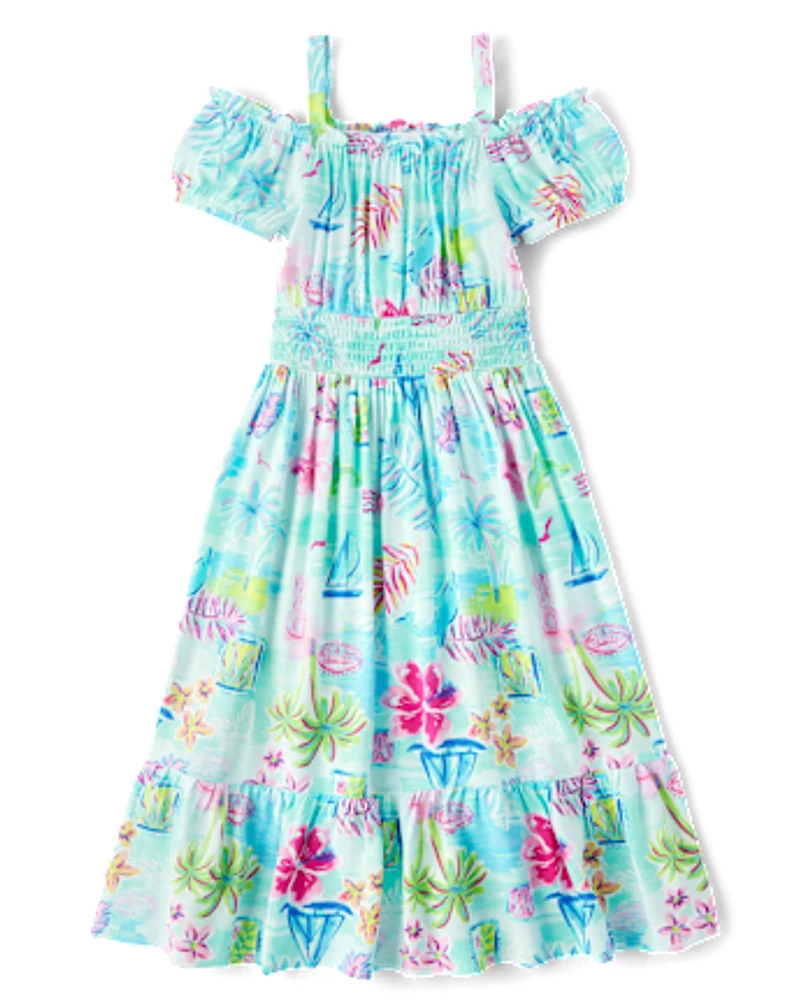 Girls Matching Family Tropical Midi Off Shoulder Dress