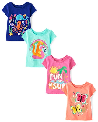 Lot de 4 t-shirts graphiques d'été pour bébés et petites filles