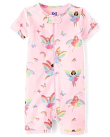 Pyjama une pièce court en coton ajusté pour bébé et petite fille, motif fée arc-en-ciel