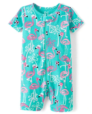 Baby And Toddler Girls Flamingo Snug Fit Cotton Cropped One Piece Pajamas