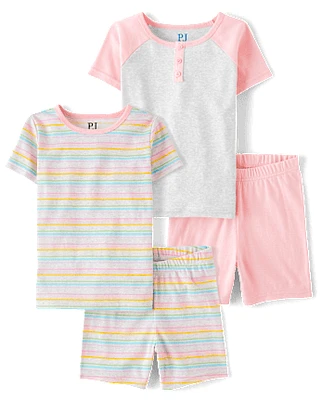 Girls Rainbow Striped Henley Snug Fit Cotton Pajamas 2-Pack