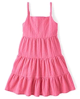 Girls Bow Back Eyelet Tiered Dress
