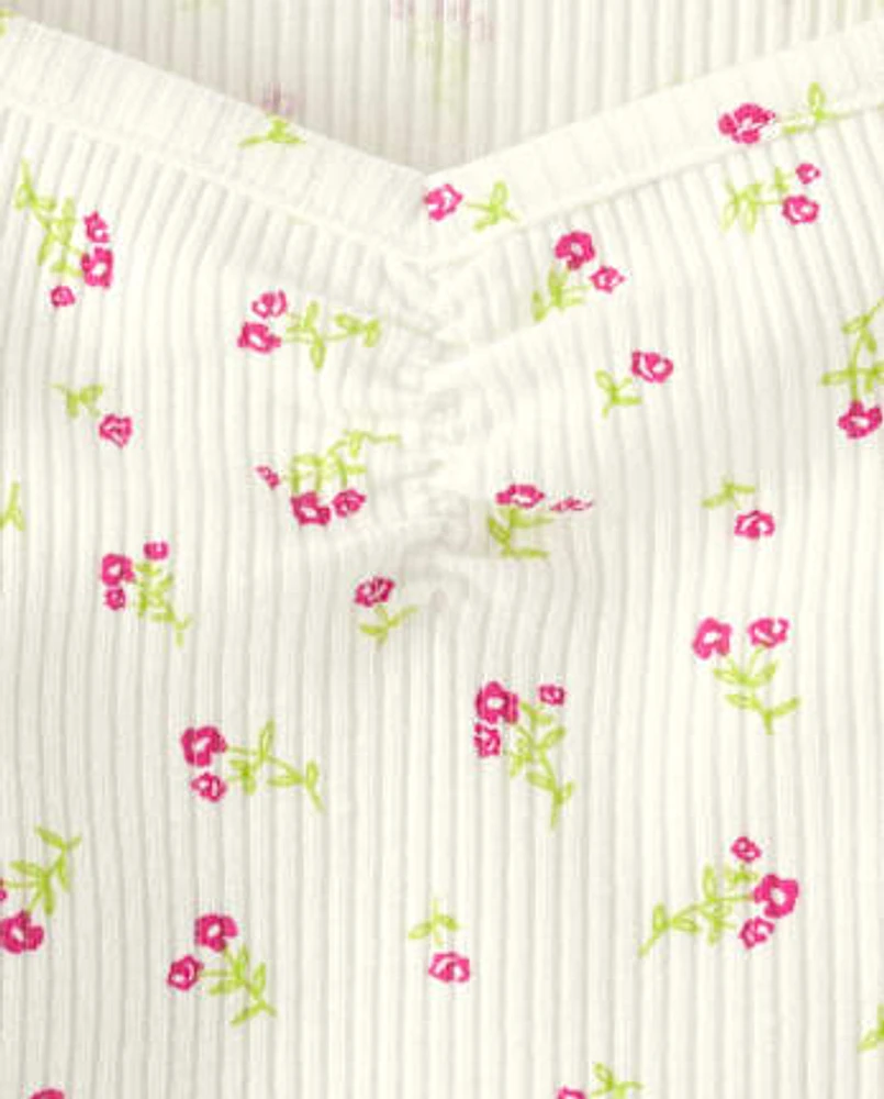 T-shirt court côtelé à fleurs pour bébé fille