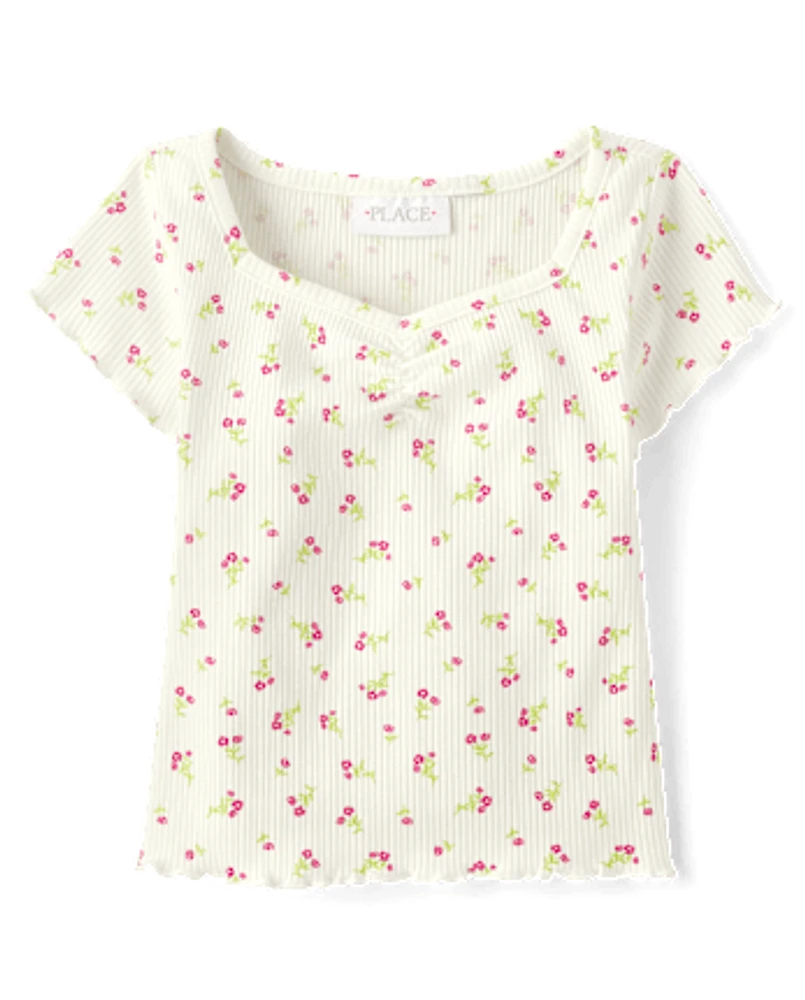 T-shirt court côtelé à fleurs pour bébé fille