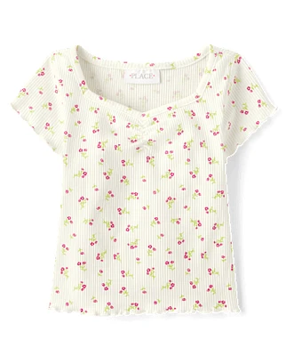 Girls Floral Ribbed Cropped Baby Tee