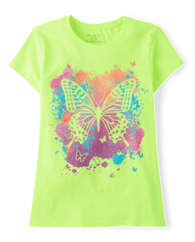 Girls Paint Splatter Butterfly Graphic Tee