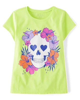 Girls Summerween Skull Flowers Graphic Tee