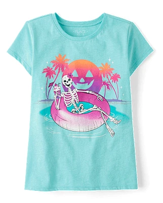 Girls Summerween Skeleton Pool Float Graphic Tee