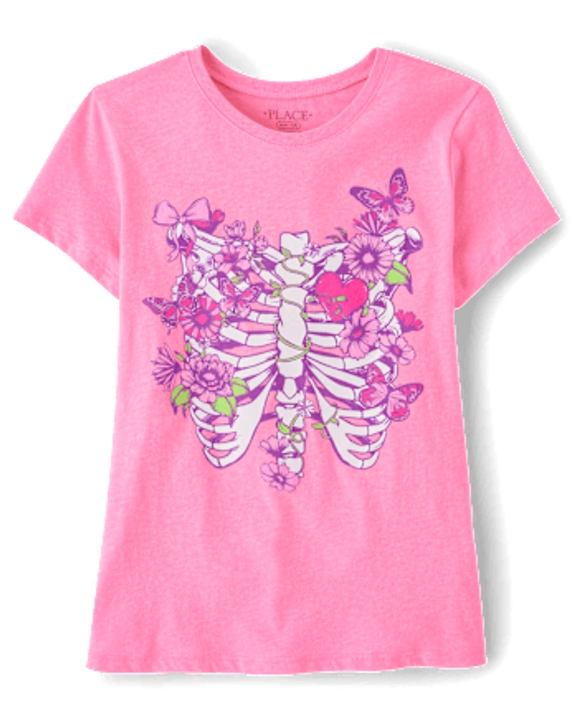 Girls Floral Skeleton Bones Graphic Tee