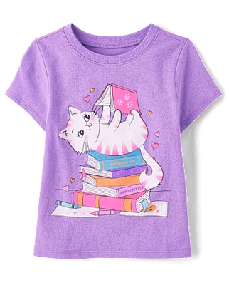 T-shirt graphique pour petite fille avec chat lisant