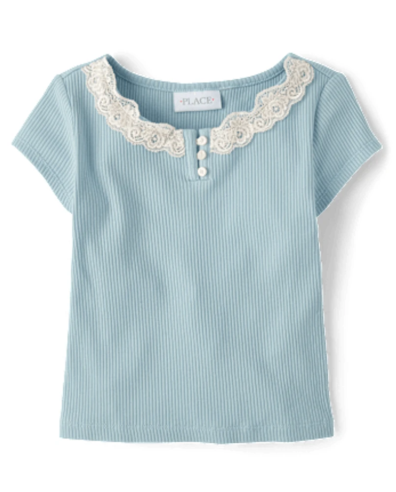 Girls Ribbed Lace Henley Top