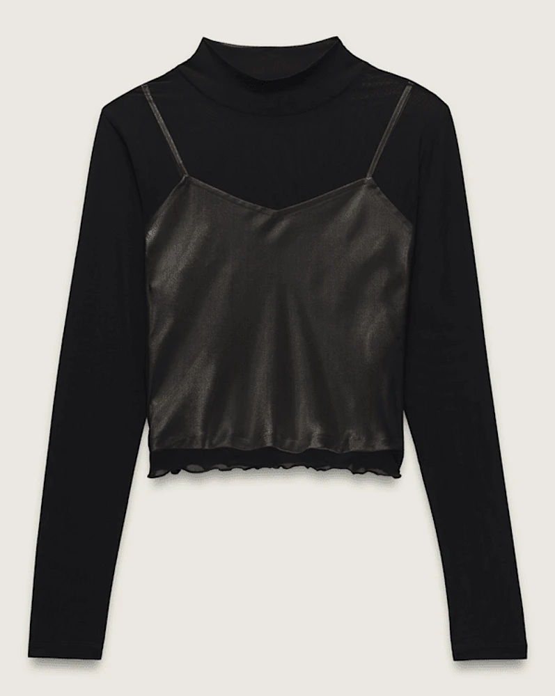 Mesh Satin Long Sleeve Top